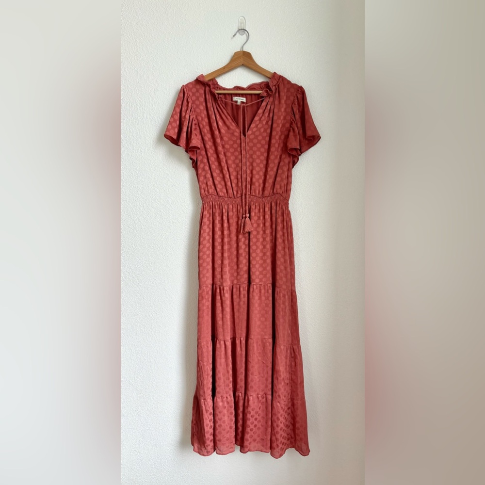 MAX STUDIO dusty rose Reflective polka dot ruffle maxi dress size LARGE